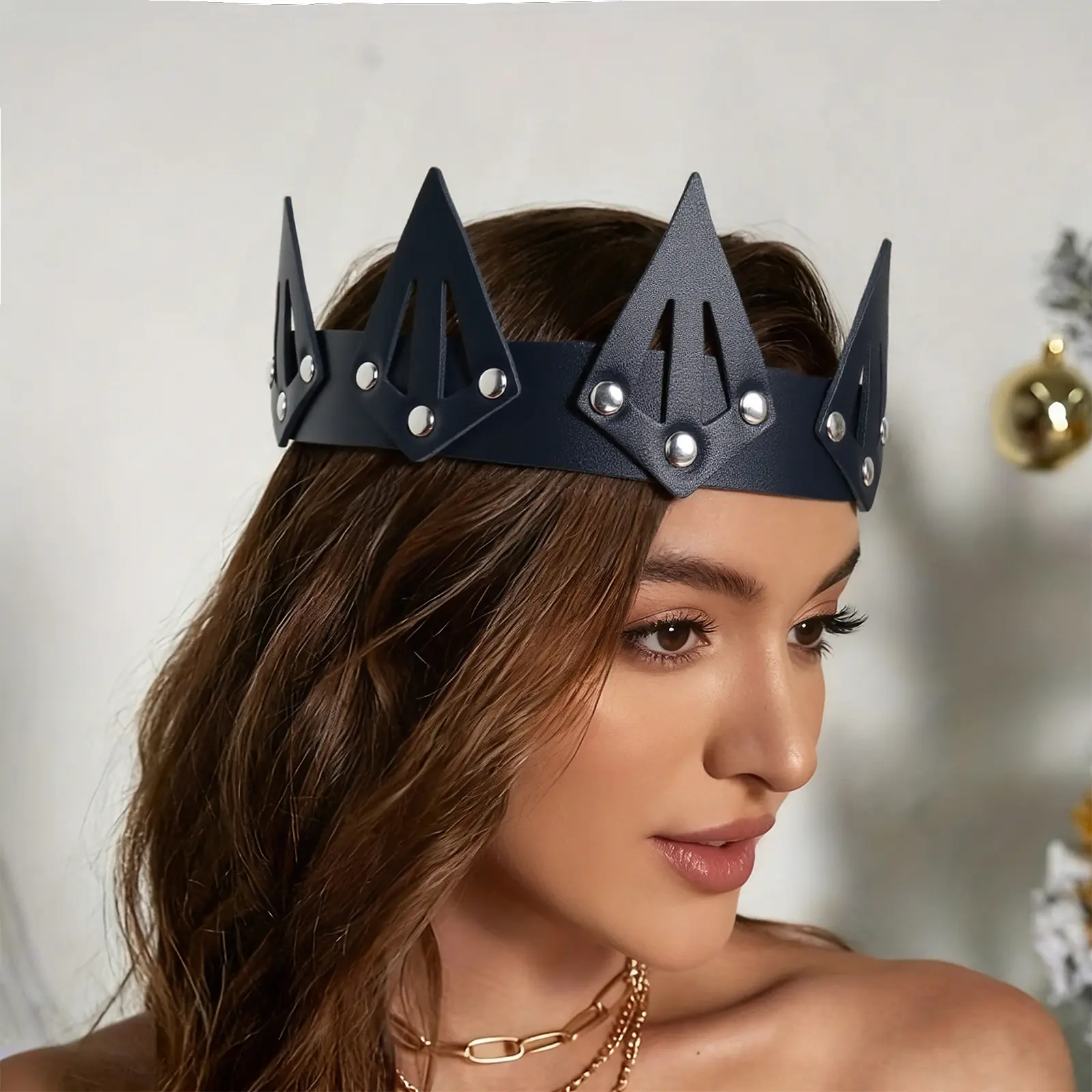 Gothic Leather Crown Headband Dark Blue Studded Queen Tiara Statement Festival Hair Accessory Halloween Cosplay Party Birthday Headpiece Lightweight Durable