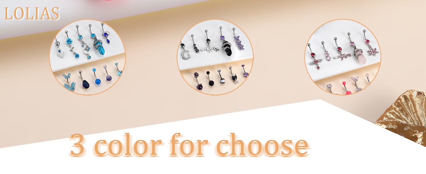 LOLIAS 10Pcs Belly Button Rings Surgical Stainless Steel CZ Heart Dragon Butterfly Dangle Navel Rings for Women Barbell Piercing Jewelry Waist Beads