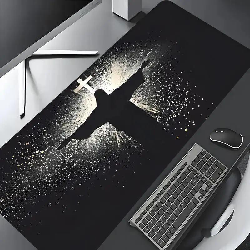 Jesus & Cross Illuminated Design Gaming Mouse Pad, Aesthetic Office Supplies, Washable Rubber Non-Slip Lock Edge Multi-Size For Home Office
