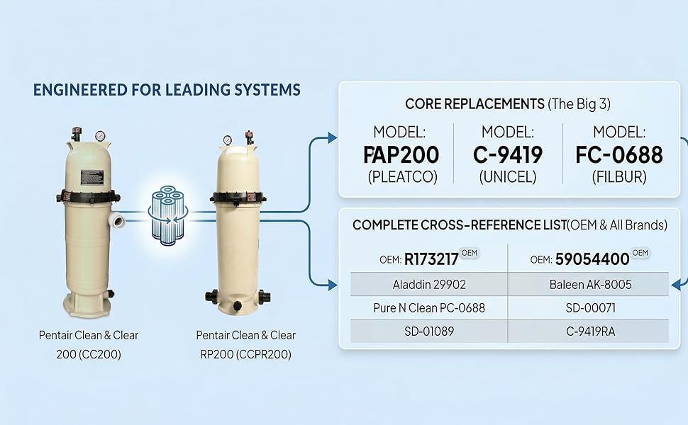 CC200 Pool Filter Cartridges Compatible with Pentair Clean & Clear 200, Replacement for Pentair R173217, Pleatco PAP200, Unicel C-9419, 200 sq.ft