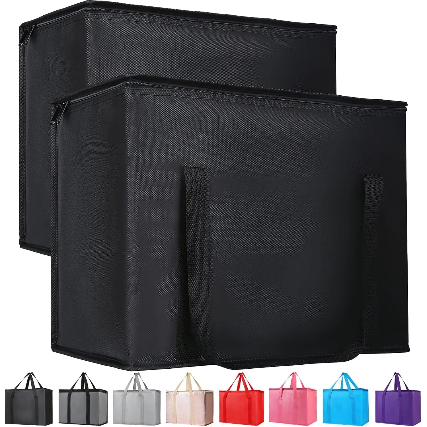 2-Pack Zippered XL Large Insulated Reusable Grocery Bag - Heavy Duty Thermal Tote for Frozen Foods Cold Storage, Keeps Things Cold, Foldable Car Stowing & Tidying Accessory for Food Delivery Drivers, Collapsible, Easy To Pack