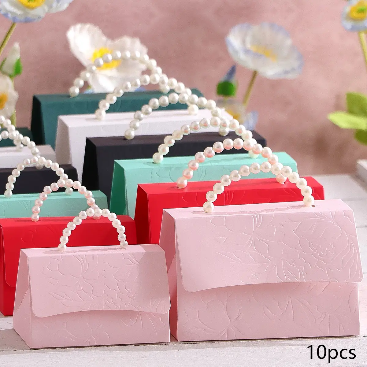 Floral Pattern Gift Box with Faux Pearl Handle, 10pcs/set Elegant Gift Box for Wedding, Anniversary, Party, Gift Wrapping Supplies