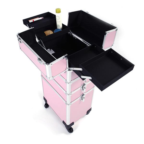 4 In 1 Aluminum Makeup Case Pink, Professional Cosmetic Storage Box for Makeup Tools Brushes and Accessories, Portable Beauty Organizer for Travel and Home Use