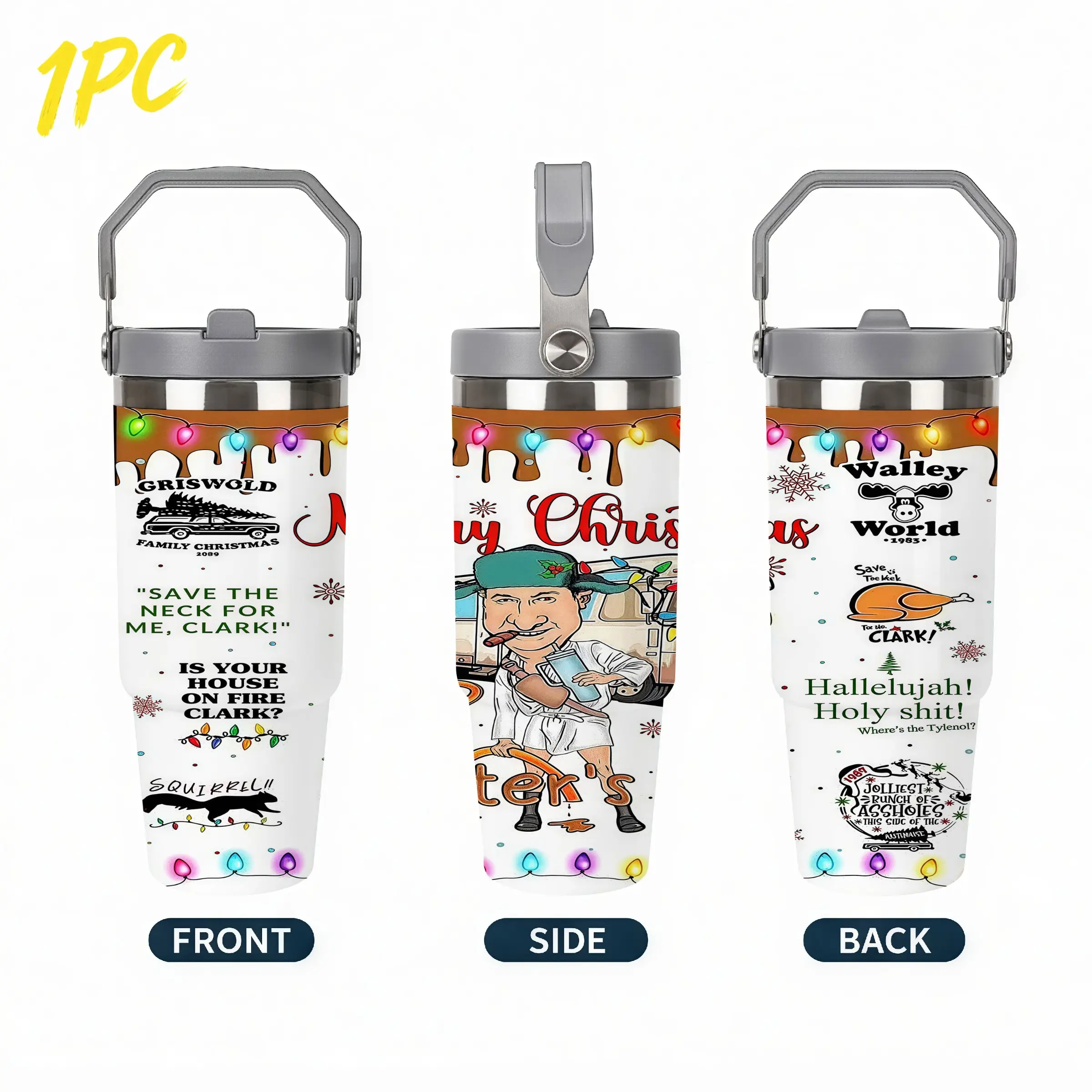 1pc 30oz 900ml 304 Stainless Steel Tumbler, National Lampoon's Christmas Vacation Griswold Family Full Wrap Print, Classic Comedy Christmas Tumbler With Carry Handle Flip Lid