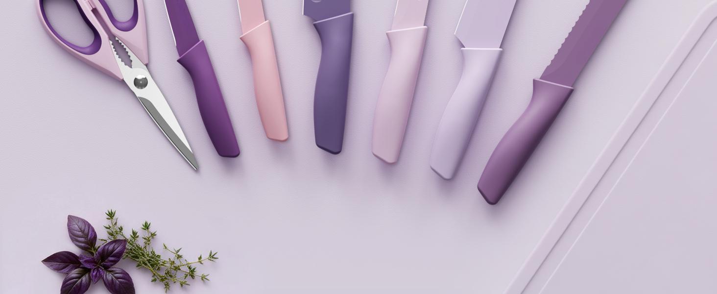 Knife Set, 13 Pieces Kitchen Knives Set with Healthy Anti-Rust Coating, Dishwasher Safe, Stainless Steel Chef Knife Sets with 6 Blade Guards, Perfect Holiday Gifts for Kitchen Purple