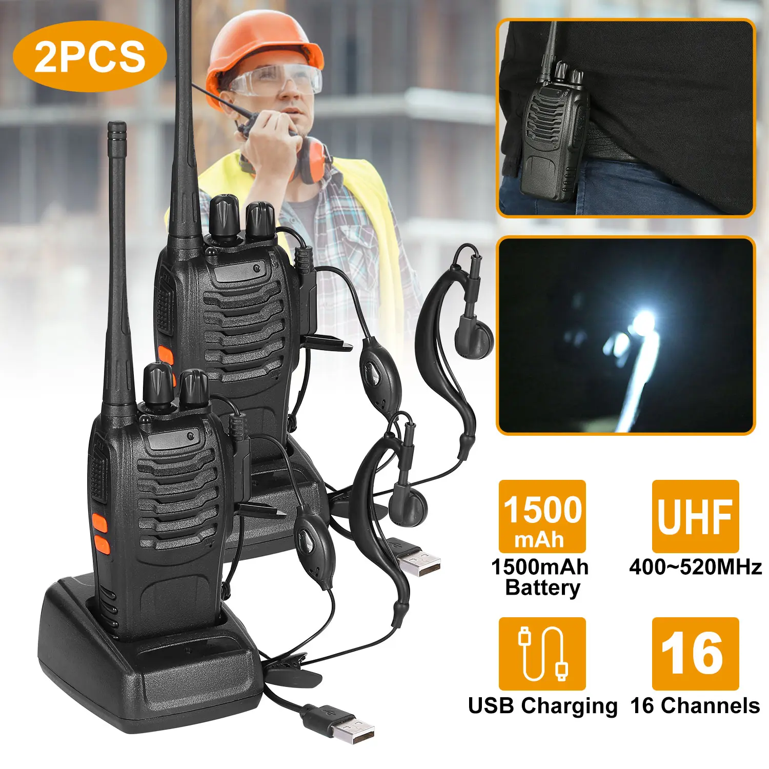 2 Pack Baofeng BF-888S Handheld UHF Walkie Talkies, 400-470MHz Frequency, 16 Channels, Long-Distance 2-Way Intercom