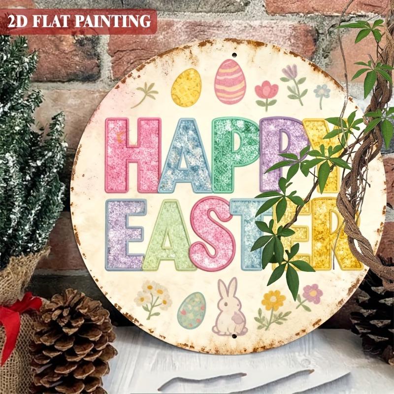 2D Round Iron Sign for Easter, Featuring 'Happy Easter' Design,Decorative Piece Is for Both Indoor and Outdoor Use, Making It Ideal for Homes, Restaurants, Cafes, Garages