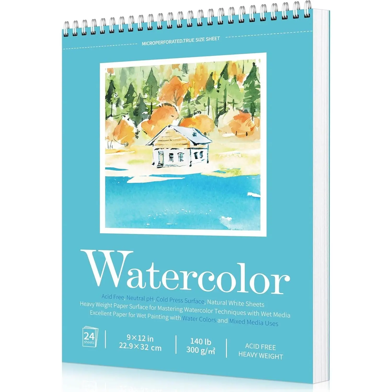 9x12 Watercolor Paper Pad, 140lb/300gsm, Spiral Bound, 24 Sheets | Cold Press Texture, Natural White Surface, Acid-Free & pH Neutral, Clean Tear-Out Pages, Ideal for Wet & Dry MediaGift