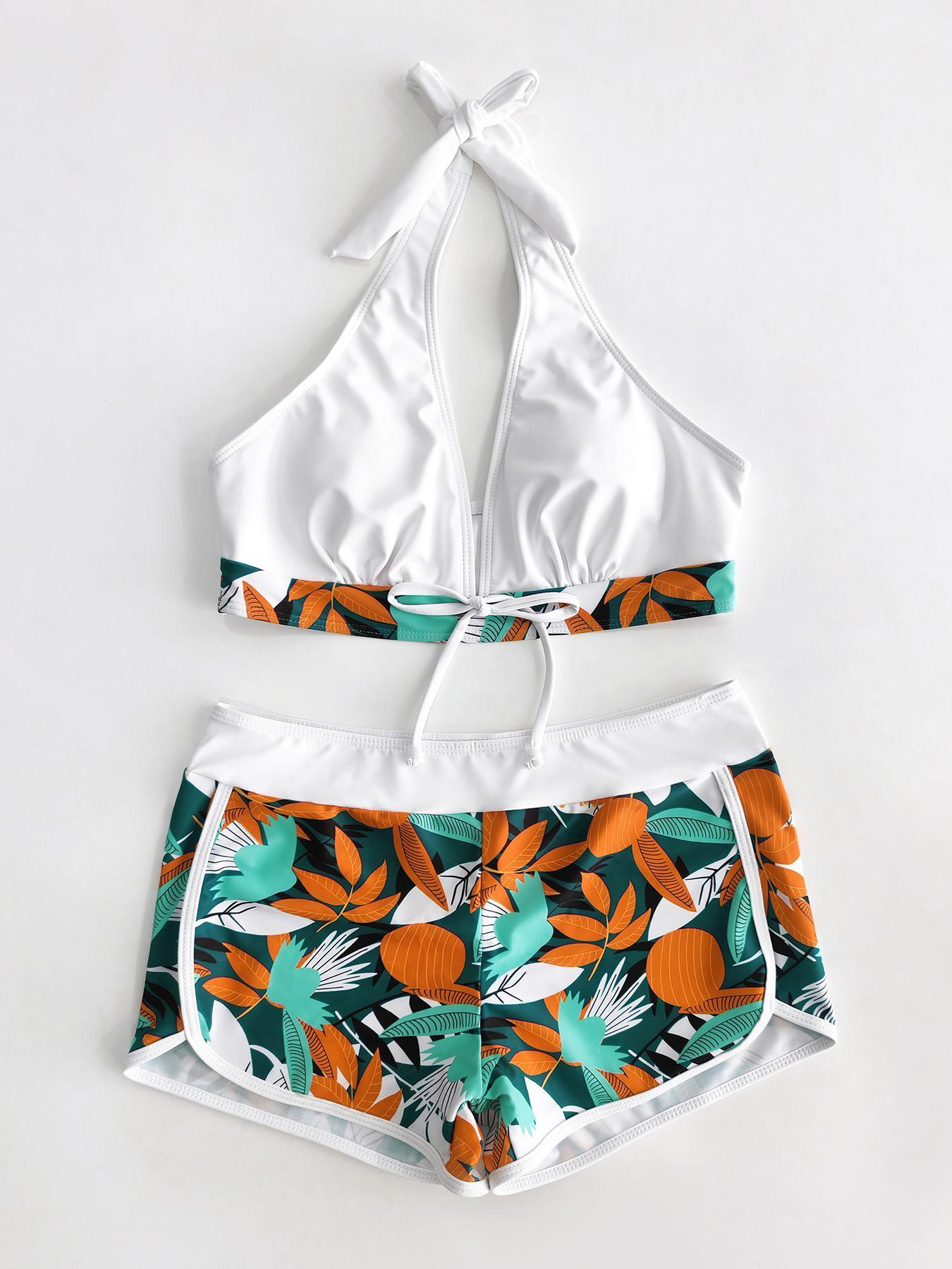 Women's Tropical Print Halter Knot Front Wireless Swim Bra & High Waist Shorts Bikini Set, Summer Outfits, Tummy Control Swimwear, Tie Back  Leaf Print Bikini Sets, Activewear, High Waisted Bikini Sets, Swimsuit Style, Beach Bikini Set,