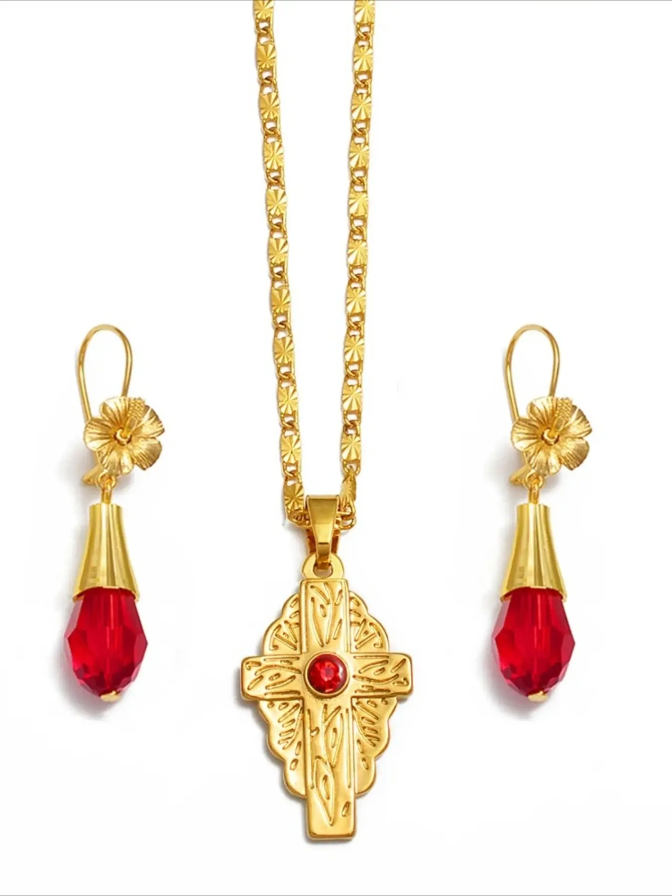 1set Hawaiian Bead Ball Jewelry sets Cross Pendant Necklaces Colored Crystal Earrings Guam Micronesia Chuuk Pohnpei