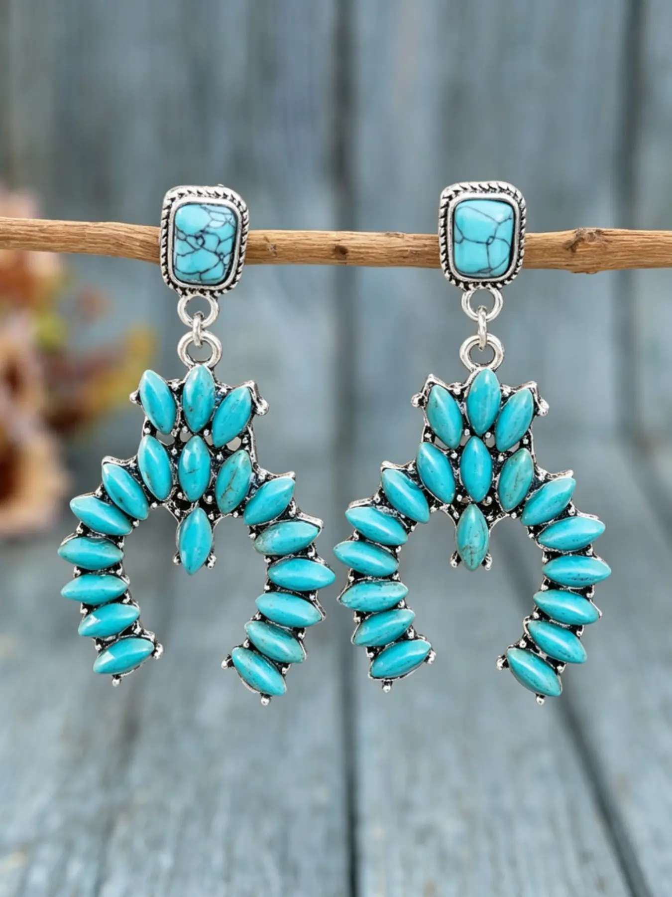 Western Cowboy Style Earrings Set, Vintage Double Layer Design Teardrop Dangle & Turquoise C-Shape Ear Studs, Bohemian Influence Navajo Women's Jewelry, Versatile Wear