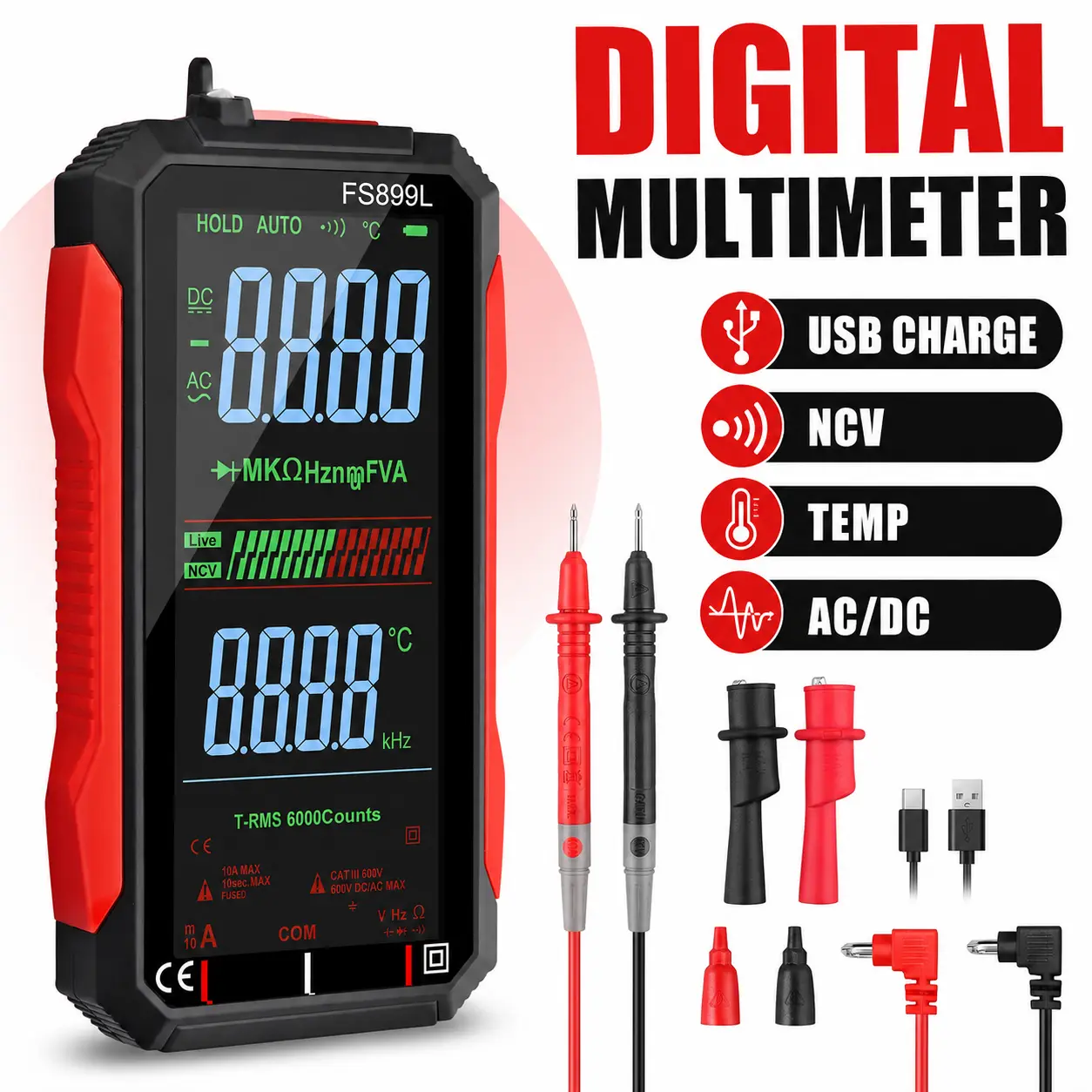 Smart Digital Multimeter - USB Rechargeable, Auto-Ranging, 6000-Count, Large LCD Display, Soft Covers, Alligator Clips, AC/DC Voltage, Resistance, Capacitance, NCV, Temperature, Continuity, Diode Testing
