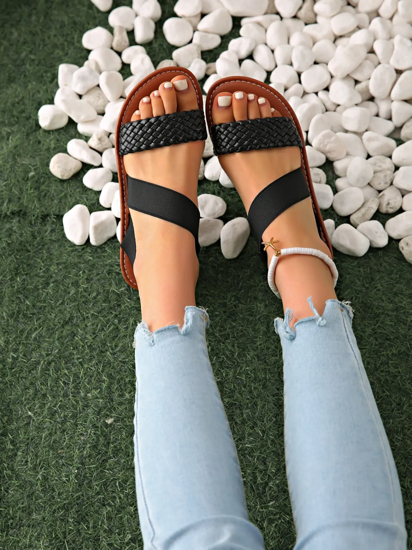 Fashion Women's Handmade Braided Flat Sandals, Adjustable Back Strap, Open Toe, and, Retro Casual Beach Shoes, Flat Rubber Sandals, Flat Bottom Sandals
