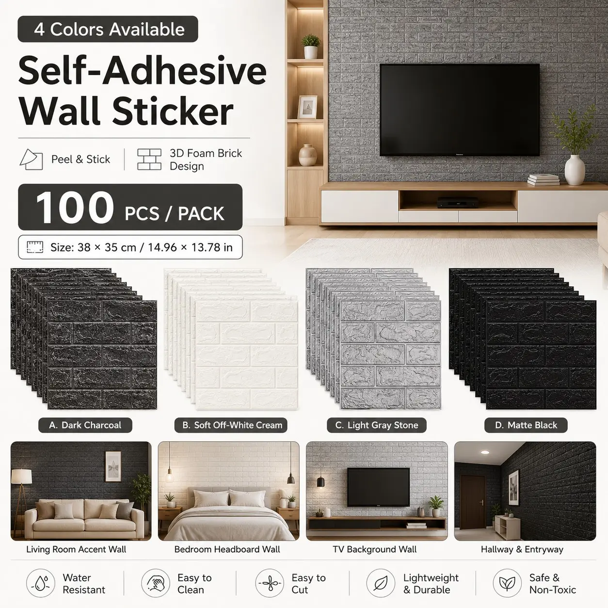 100 Sheets Self-Adhesive 3D Brick Self Stick Decorative Wallpaper Board, Thick Ixpe Foam, Easy Clean & Cut, DIY Home Decor, Living Room, Kitchen, Bedroom, Office