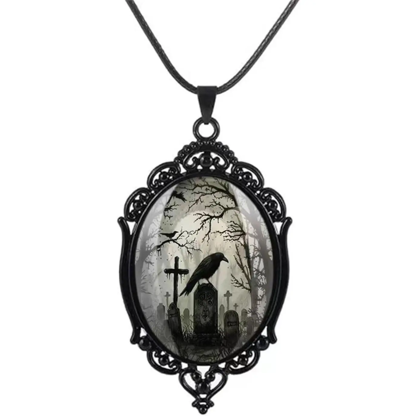 Gothic Raven Castle Pendant Necklace, Cameo Glass Pendant Necklace Punk Style Victorian Choker Necklace Goth Raven Cabochon Choker Mystic  Halloween  for Women
