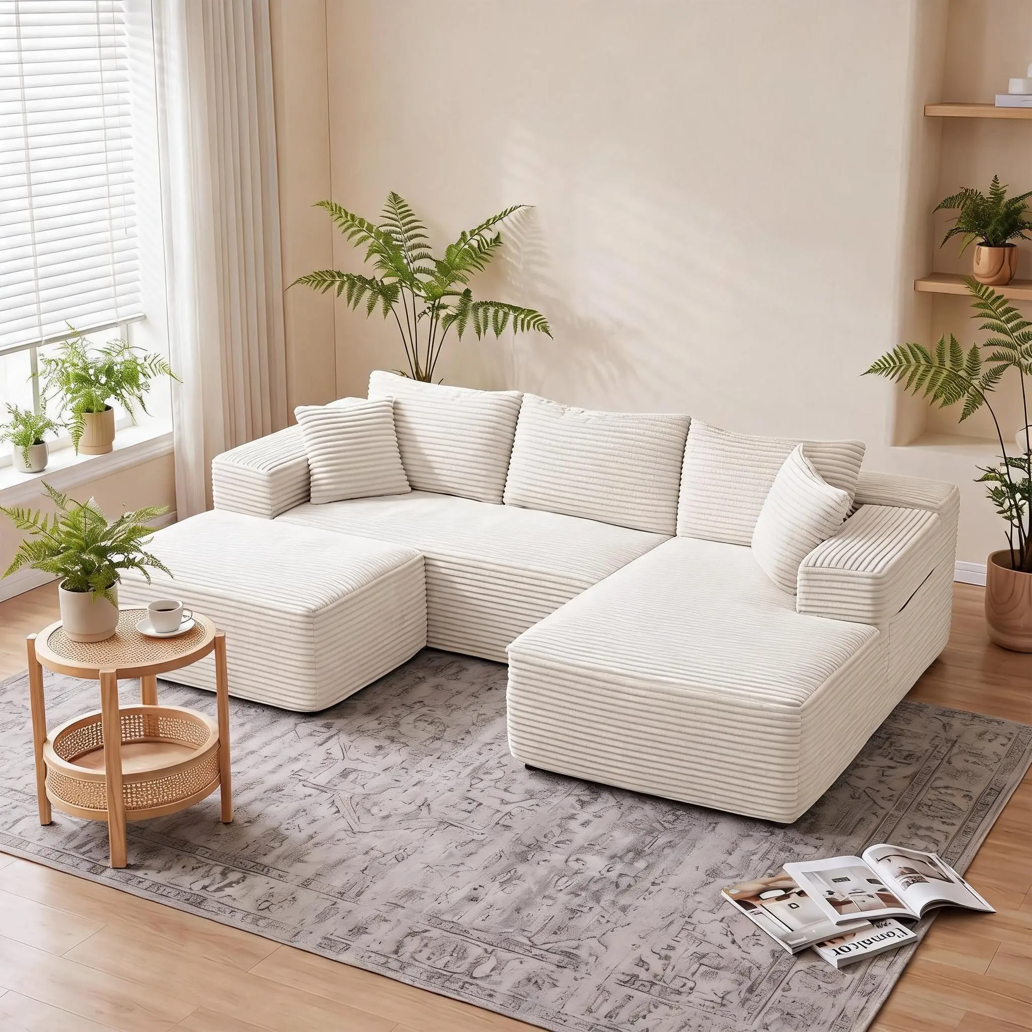 Garvee Modular Corduroy Sectional Sofa with 2 Chaise Lounges and Ottoman, 30D Foam Convertible Couch for Small Apartments, Wood-Free, No Assembly