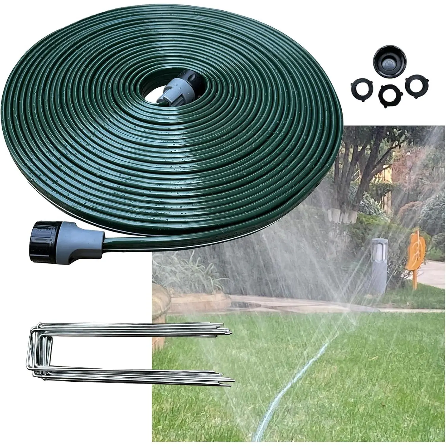 2026 Sprinkler Hose & Soaker Hose for Yard - 50 FT Reinforced Flat Garden Hose with Holes, Heavy Duty No-Kink Lawn Irrigation Hose (Includes Stakes, High Pressure Spray)