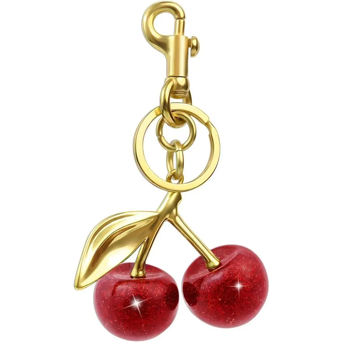 18K Gold Plated Cherry Keychain, Cherry Purse Charm with Metal Hardware and Glittering ResinGift