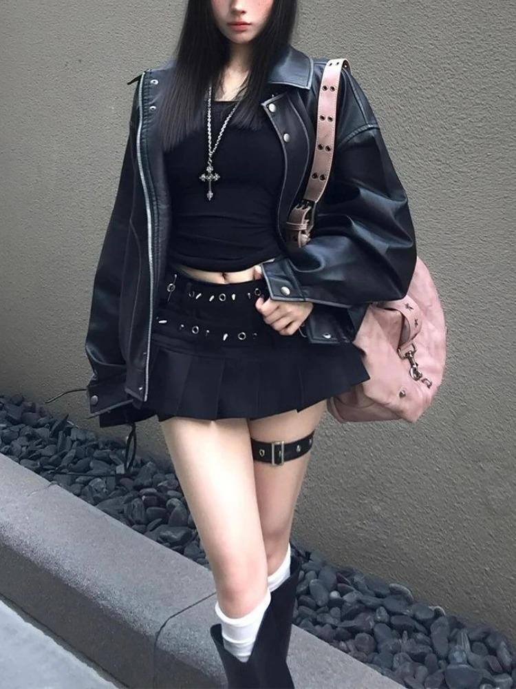Black High Street Gothic Rivet Mini Skirt Woman Y2K Style Korean Fashion Aesthetic Skirts Elegant Retro A-line Denim Outfit 2026
