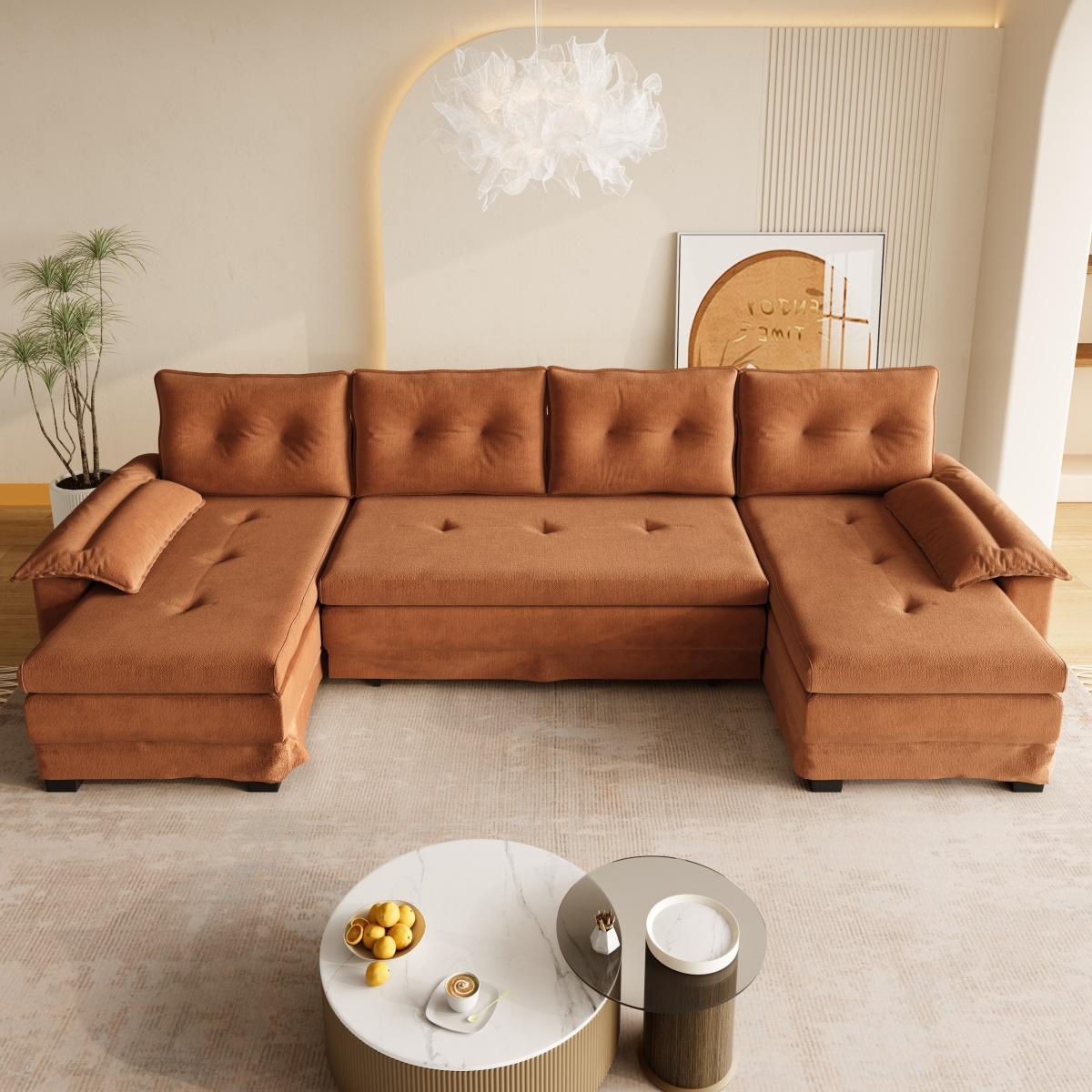 109.5" U-Shaped Sleeper Sofa with Pull Out Bed,2 in 1 Convertible Couch Bed with Removable Armrests & USB Ports,Oversized Sectional Modular with Chaise Lounge for Living Room/Apartment,Orange    RR