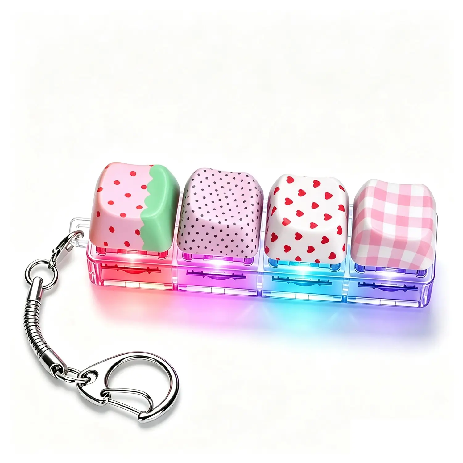 Strawberry Glow Keyboard Fidget Toy, LED Light Keychain, 4-In-1 Decompression Button, Stress Relief Gift for Kids & Adults