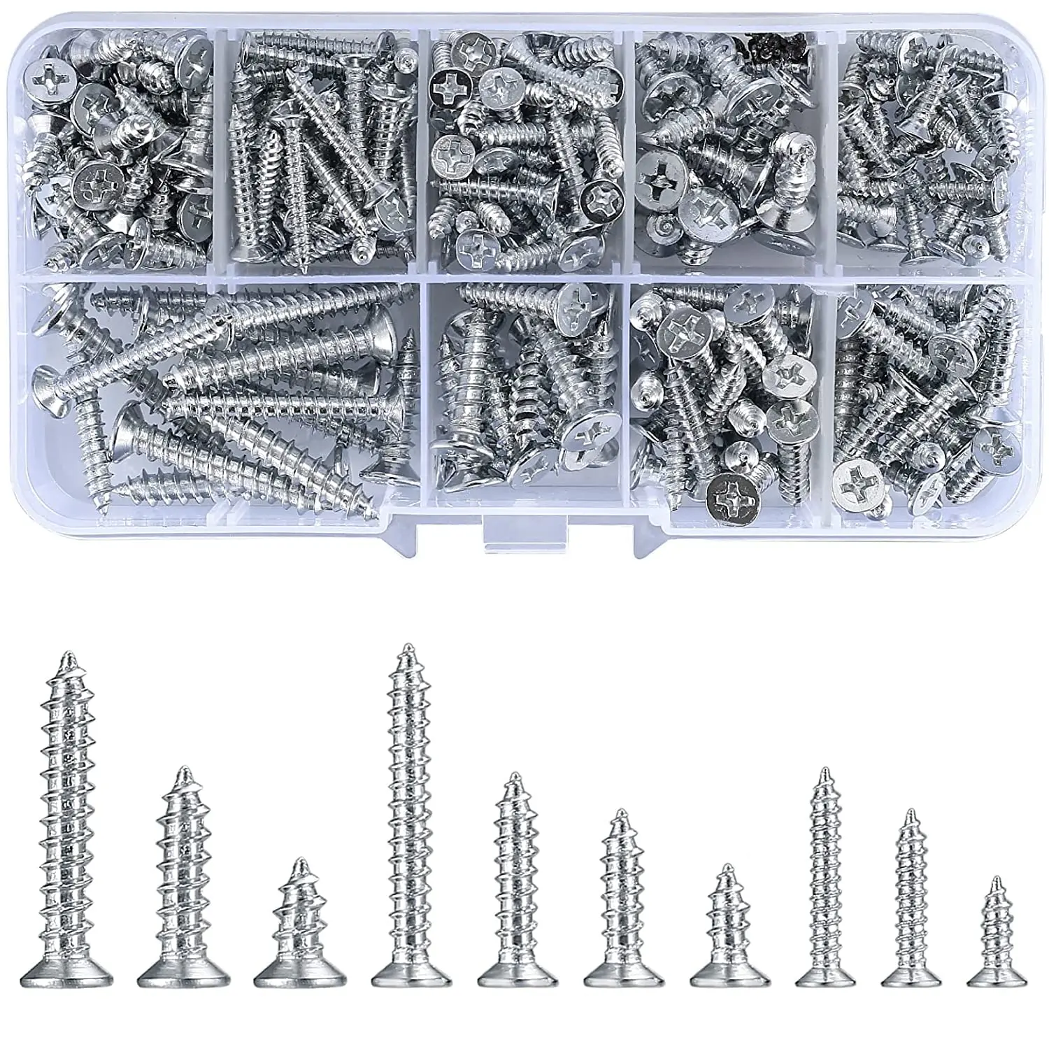 250G Self Tapping Screws  Fasteners Set, M3/M4/M5 Sheet Metal Screws Fasteners Kit, Round Drive Flat Countersunk   Screws for Woodworking - 10 Sizes