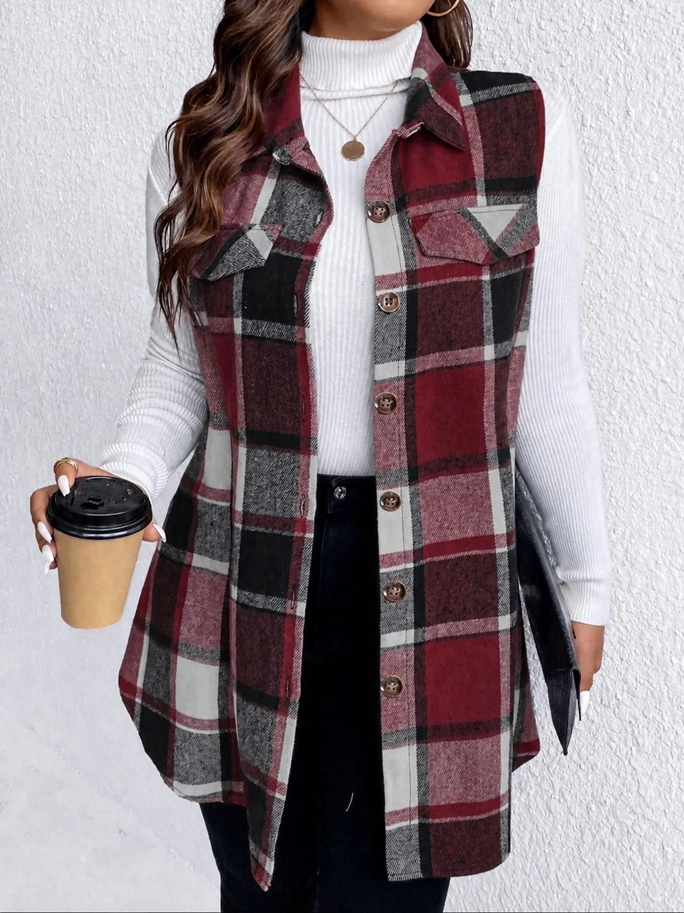 【Plus Size】 Plaid Print Button Front Vest Coat, Casual Sleeveless Collared Outerwear for Fall & Winter, Gift Set for Women, Women's Plus Size Clothes for Daily Wear