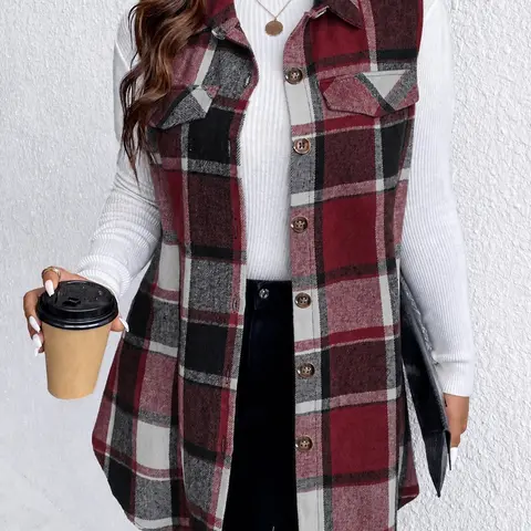【Plus Size】 Plaid Print Button Front Vest Coat, Casual Fashion Vest, Casual Sleeveless Collared Outerwear for Fall & Winter, Gift Set for Women, Women's Plus Size Clothes for Daily Wear