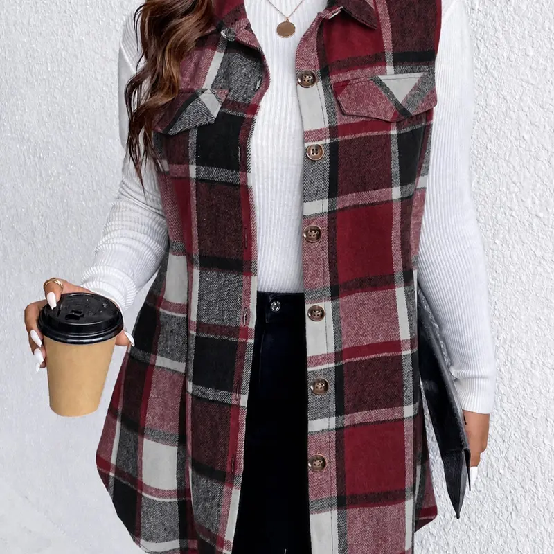 【Plus Size】 Plaid Print Button Front Vest Coat, Casual Fashion Vest, Casual Sleeveless Collared Outerwear for Fall & Winter, Gift Set for Women, Women's Plus Size Clothes for Daily Wear