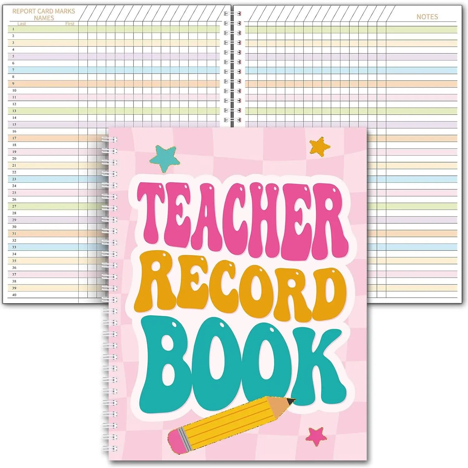 2026-2027 Teacher Record Book Grade Book for Teacher Classroom Spiral Bound Class Planner Double Sided Office Favors Supplies for Classroom Attendance Decoration (Pastel Checkered)