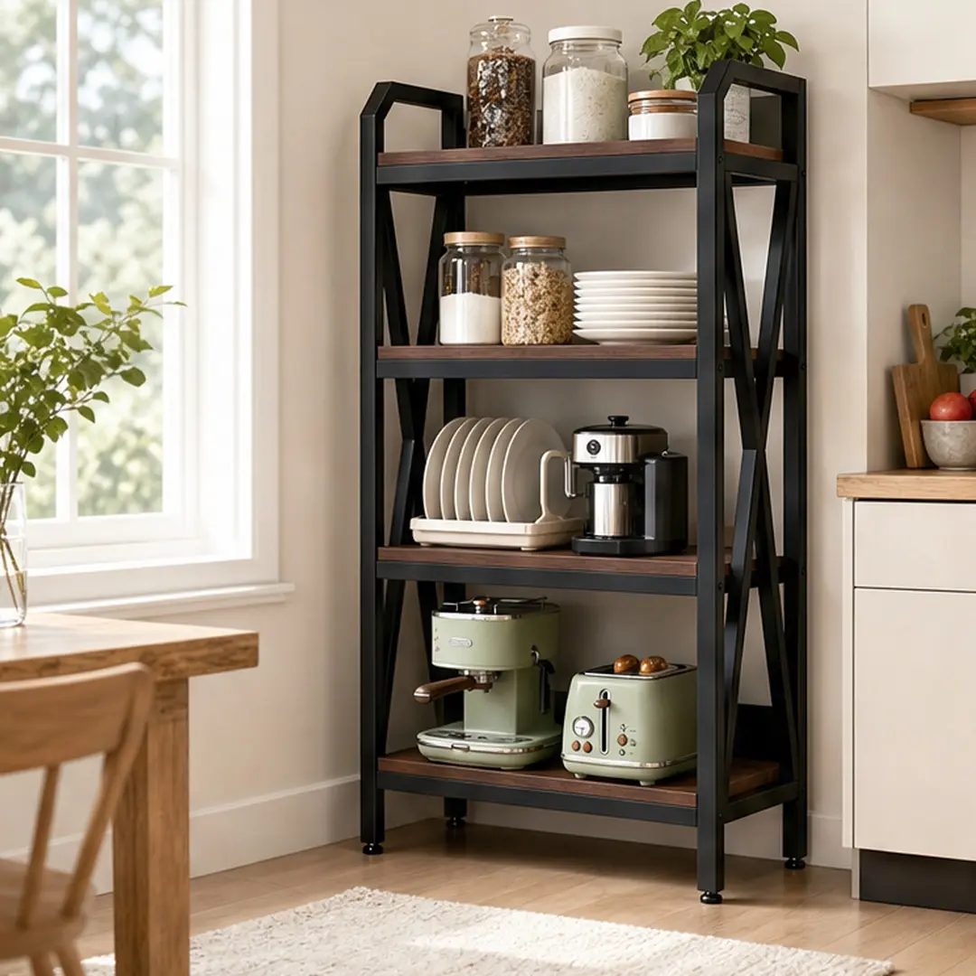 56.3-in Industrial Farmhouse Baker's Rack, Single Unit 4-Tier Steel-Wood Open Back Sturdy Frame Cabinet Organiser with Adjustable Shelves, Freestanding Storage for Kitchen/Dining Room, 25.6Lx15.8Wx56.3H in, Black/Brown, Assembly Required