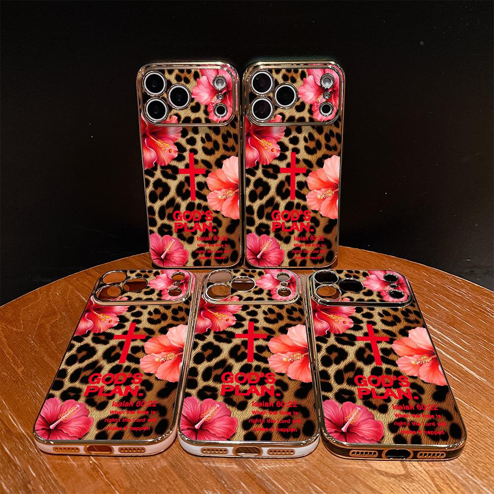 Leopard print and GOD'S PLAN lsaiah 60:22 Pattern Shockproof Phone Case for iPhone 17 Pro Max Air 16 15 14 13 12 11 Plus  Gold electroplated edge texture Full-lens protection Protecitved Cover