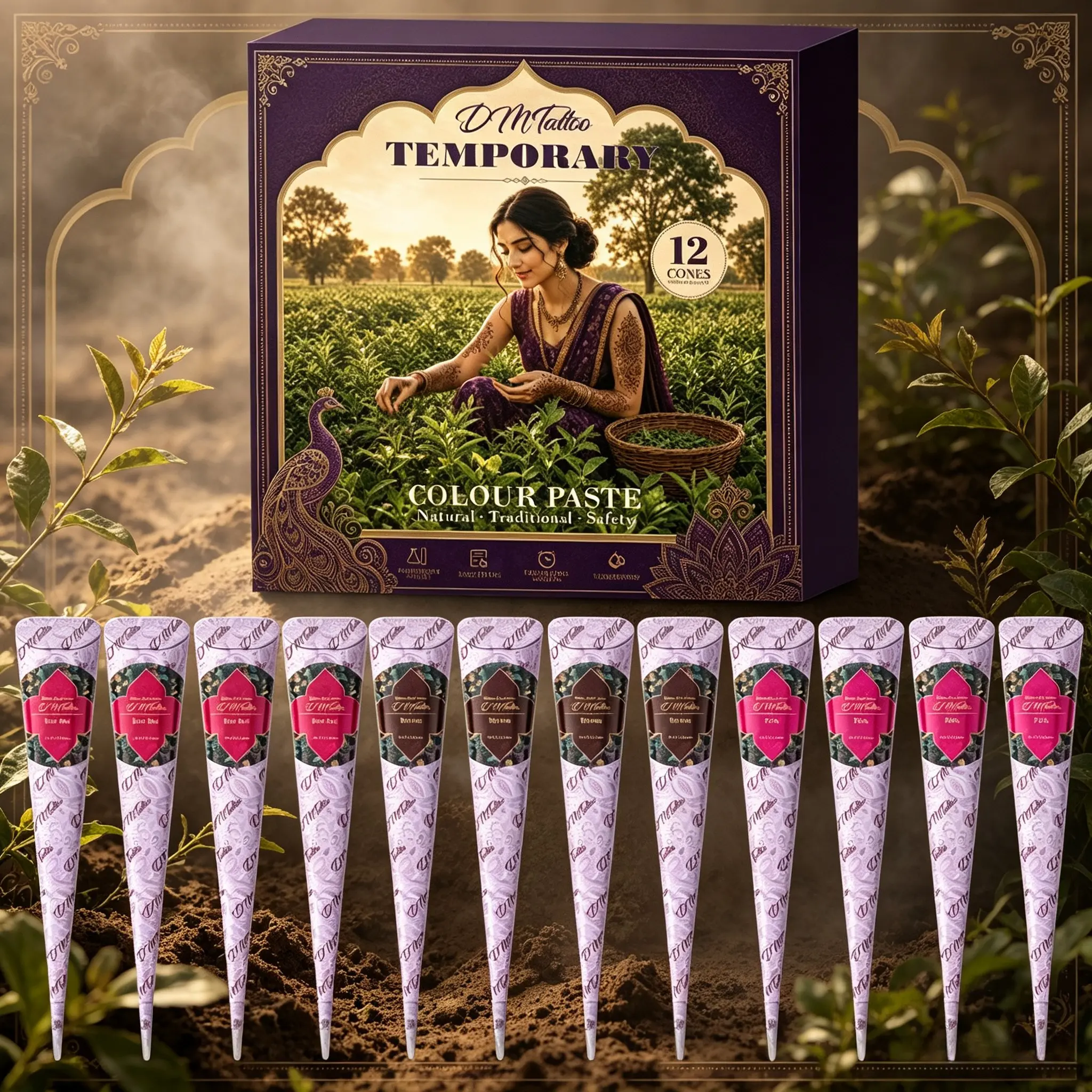 DM 12pcs plant extract henna cone gift set, Henna cones for skin, natural herbal ingredients safe for skin, smooth paste for temporary tattoos, long-lasting waterproof formula, portable kit for music festivals, beach trips & party DIY body art