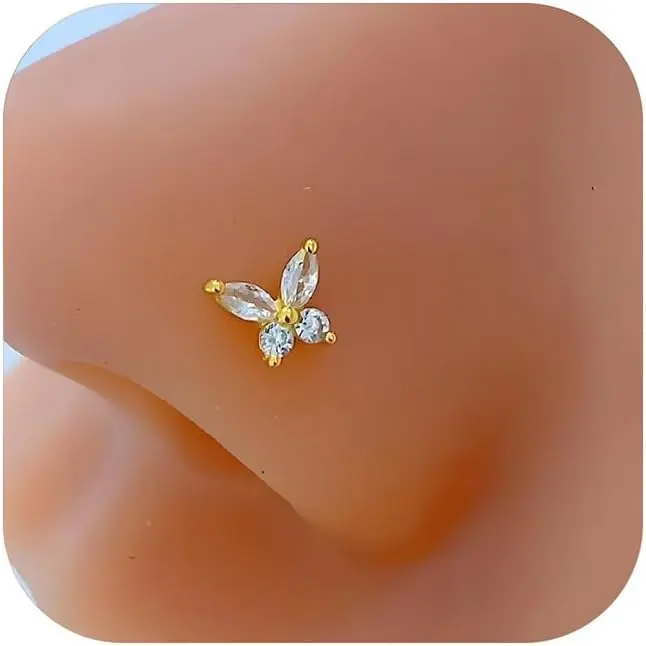 Unisex Diamond Nose Rings, Butterfly Motif L-Shape Nose Ring, Fashion Costume Jewelry Accessory, L-Shape Ring