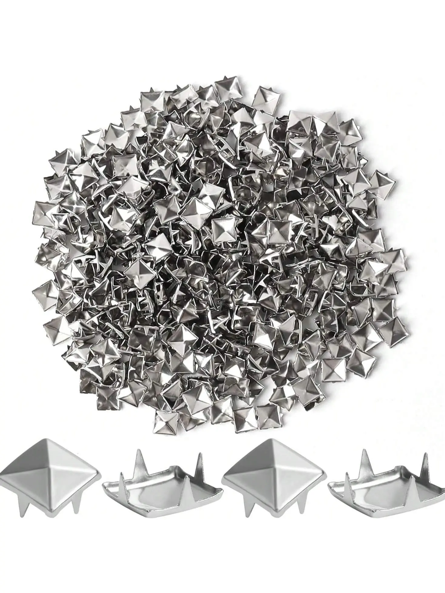 250pcs 10mm Silver Color Studs for Clothing, Four-Jaw Square Spikes for Crafts, Punk Metal Spike Studs for Leather Jacket Bag Dog Collar