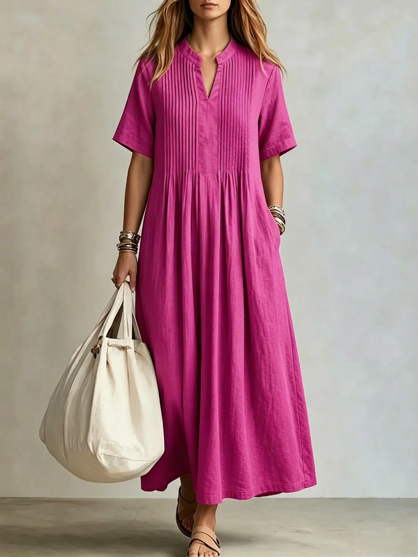 2026 European and American Style Bestselling Summer New Women's Long Dress, Casual Loose V Neck Short Sleeve Pleated Dress, Vertical Pleats Long Dress