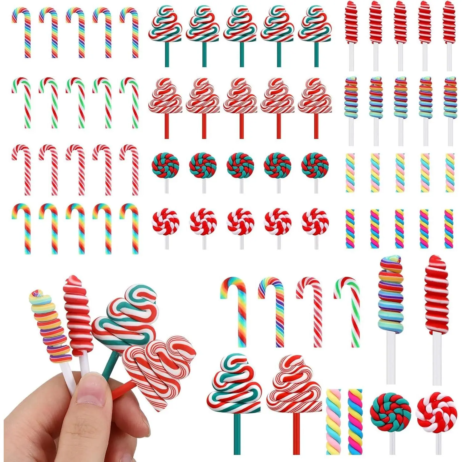 60 Pcs Mini Candy Canes Ornaments, Fake Rainbow Lollipops Christmas Decor, Miniature Peppermint Embellishments for Crafts, DIY Scrapbooking Supplies, Holiday Decorations, Assorted StylesGift