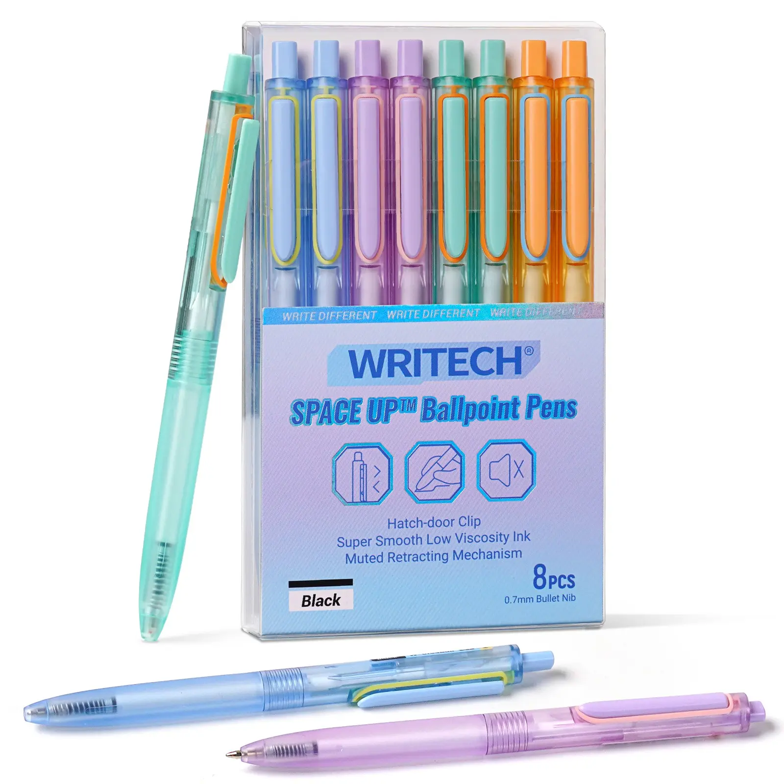 WRITECH Ballpoint Pens Black Ink: 0.7mm Fine Point Retractable 8ct Pastel Color Ultra Smooth Writing Low Viscosity Ink Space Up Ballpoint Pen Silent Click Ballpen Set