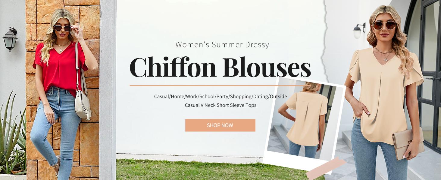 Women's Summer Tops Short Sleeve Dressy Chiffon Blouses V Neck Work Tunic Tops Casual Loose T-Shirts with Pleated Stitched A-Line Design #Springfresh