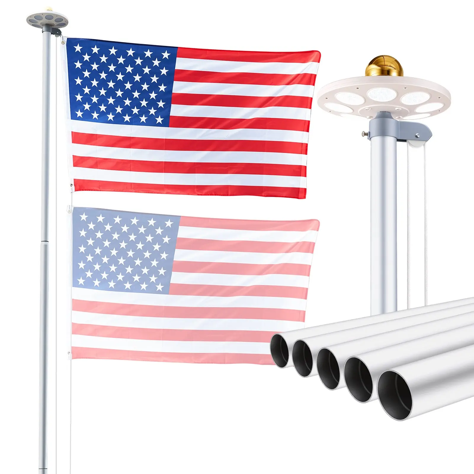 VEVOR 25ft Heavy Duty Sectional Aluminum Flagpole Kit, In Ground Outdoor Flag Pole with 136 LED Solar Light, 3x5 American Flag for Residential Use, Silver