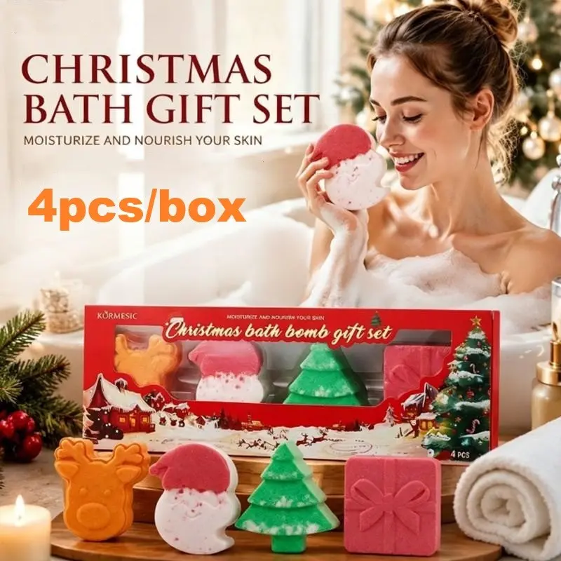 4Pcs Christmas Bath Bomb Gift Set,100gx4 Cute Christmas Shape Essential Oil Bath Bombs, Spa Gift for Her, Body Care