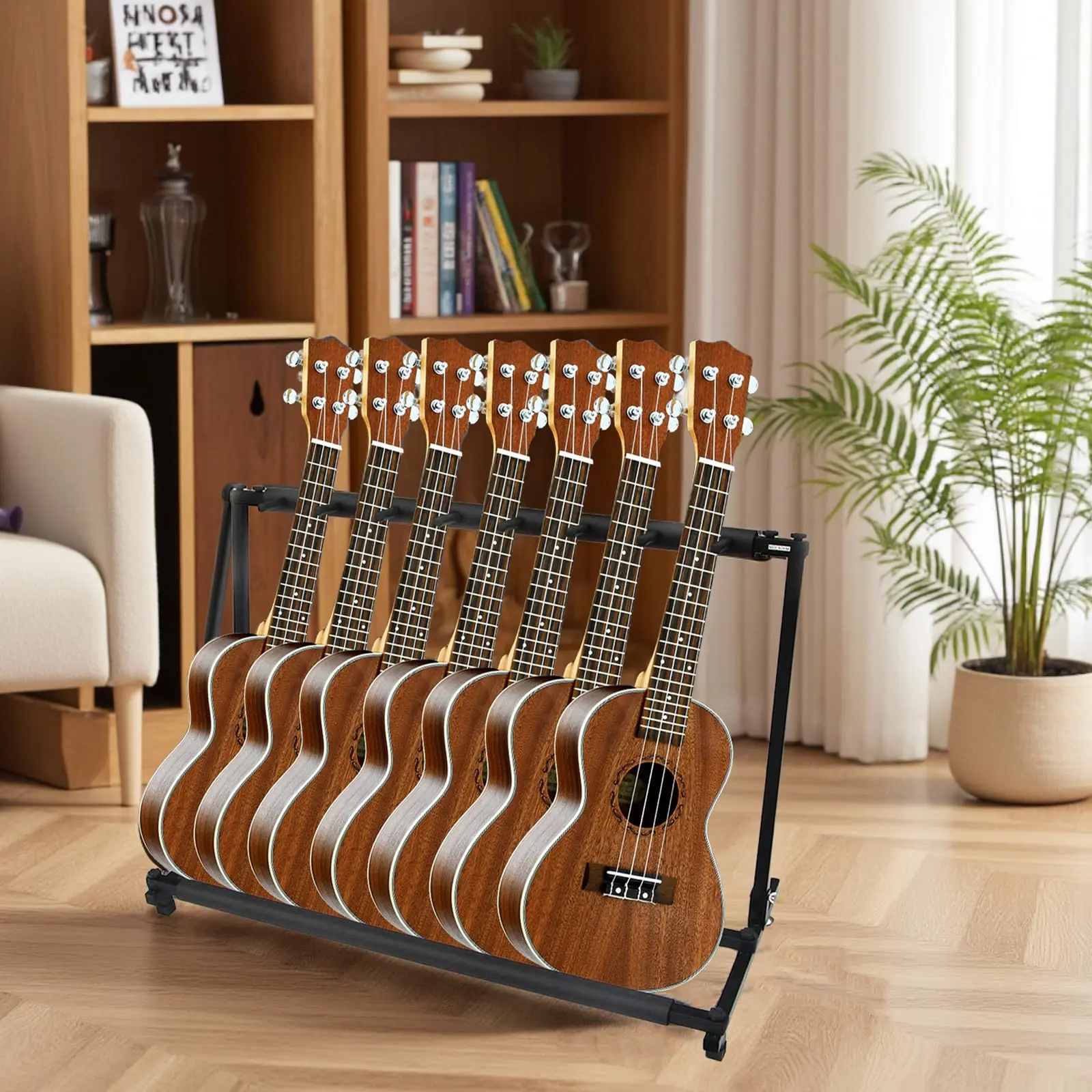 7-Holder Foldable Multi Guitar Stand Rack with Steel Pipe, High Load Capacity, Wheels, No-Slip Rubber Padding for Band Stage, Studio Use (Fits Bass, Acoustic, Electric Guitars)