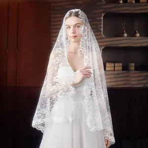 Muslims Lace Wedding Veils Church Mantilla Wedding Bride Head Covering Veils for Women Black and Gold
