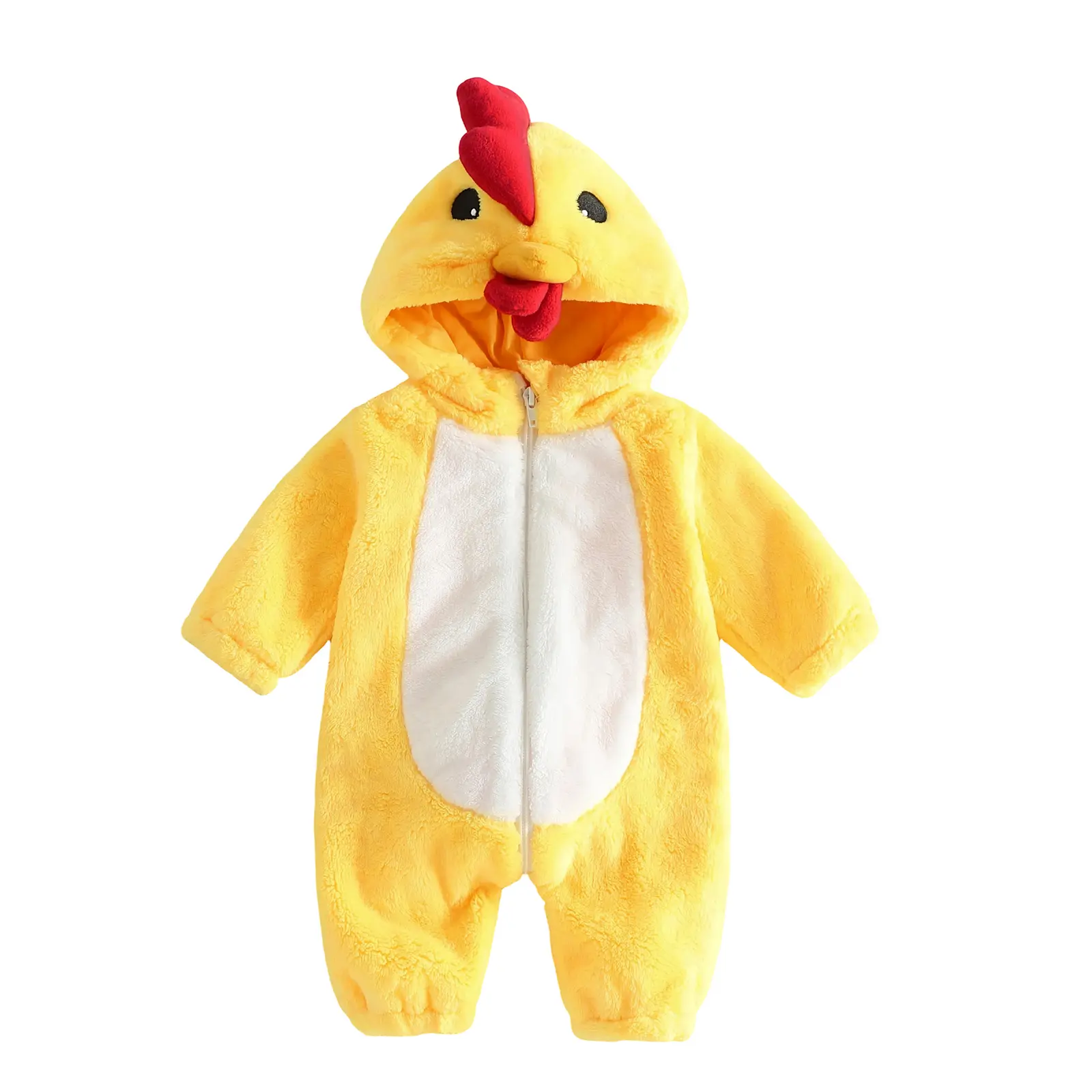 Halloween Baby Chicken Costume Plush Long Sleeve Hooded Jumpsuit Animal Character Bodysuit with Zipper