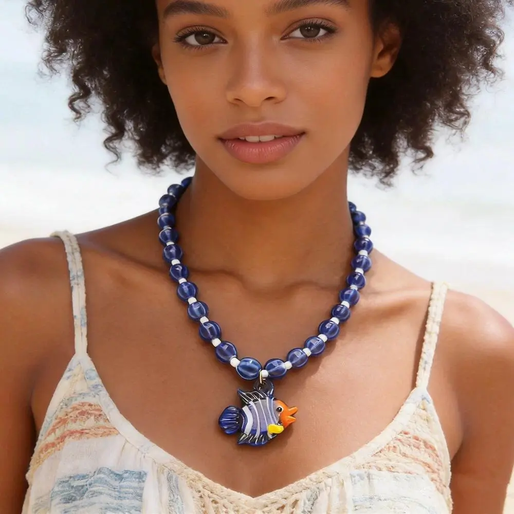 Women's Creative Tropical Clownfish Cactus Round Pendant Necklace, Colorful Ceramic Beads Chain, Summer Vacation Statement Pieces Bag Charm Gifts for Friends