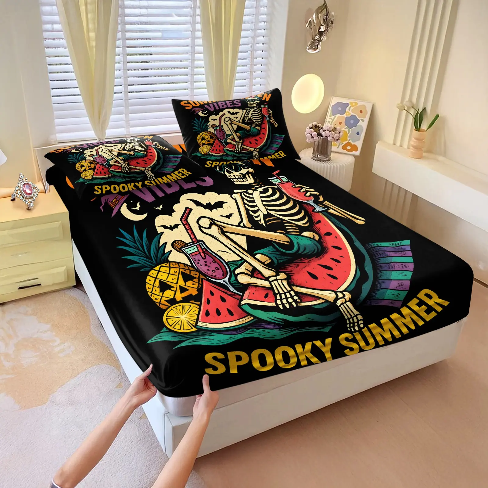 3-Piece Dark Retro Halloween Style Moonlight Bat and Jack-o'-Lantern Trendy Versatile Fitted Sheet Set, Machine Washable with Mattress Protection Design, Suitable for All Ages, Four-Season Universal Bedroom Soft Furnishing (Pillow Cores Not Included)