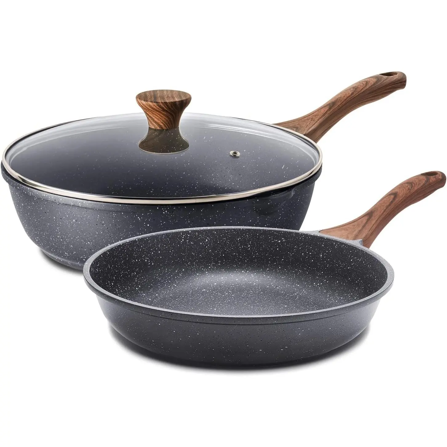 Nonstick Frying Pan Skillets, Swiss Granite Coating Omelette Pans, Healthy Cookware, Free of Intentionally Added PFOA (9.5 Inch Frying Pan and 5QT Saute Pan)