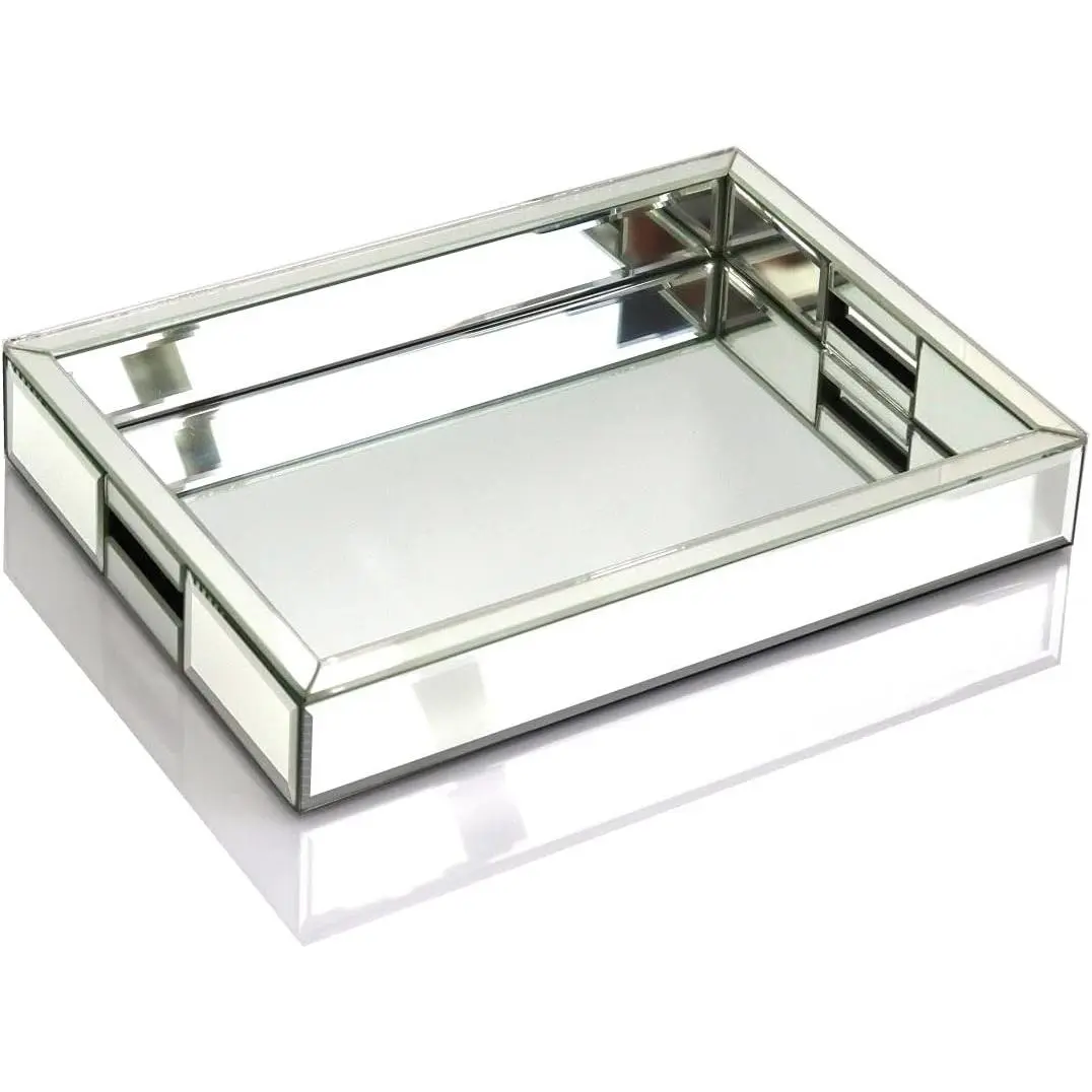 Silver Rectangular Mirrored Decorative Tray with Handles (11” L x 14” W x 2” H) – Bathroom Vanity Organizer, Makeup Perfume Jewelry Holder for Bedroom Dresser, Coffee Table Gift