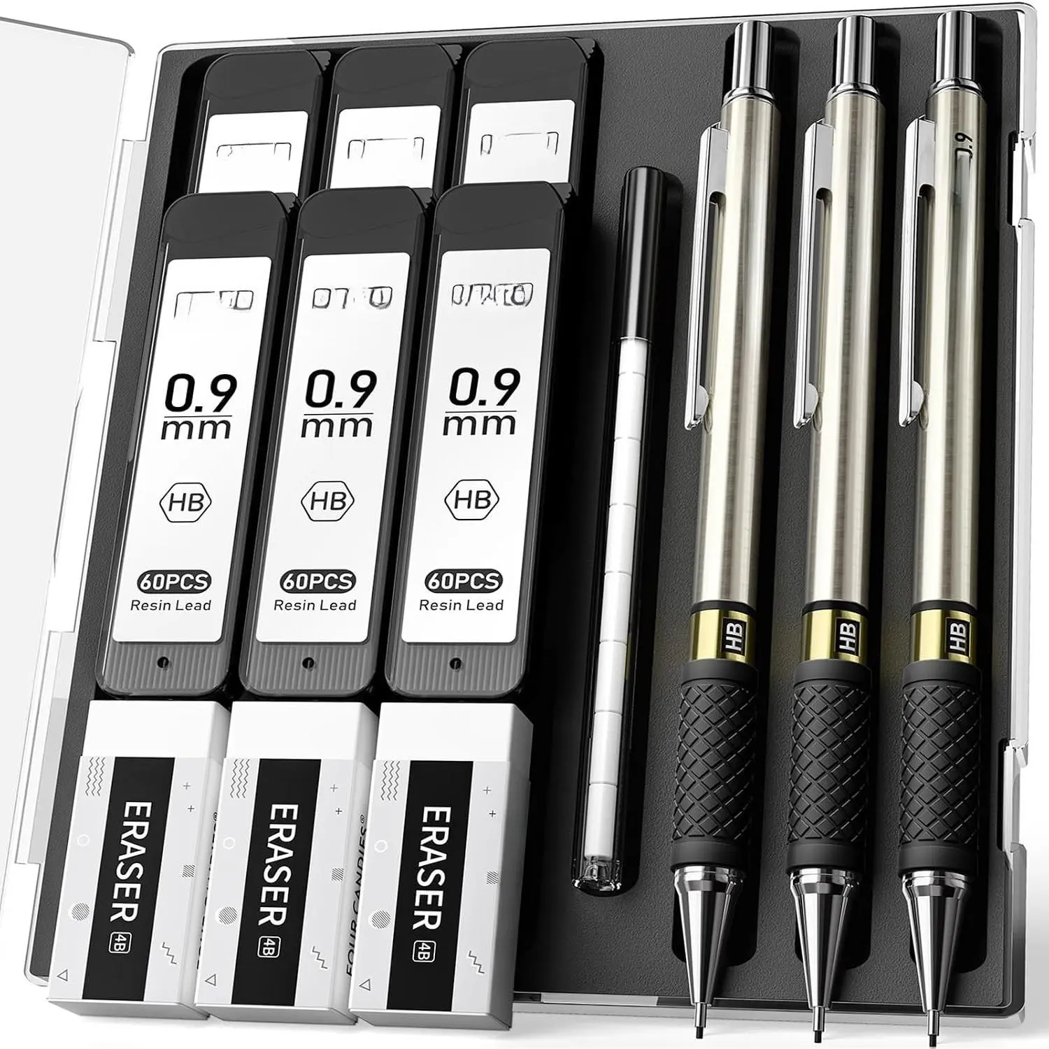 Metal Mechanical Pencil Set with Case, 3-Pack 0.9mm Break-Resistant | 360 Leads, 12 Erasers, Non-Slip Grips, For School Writing, Sketching, Art Drawing & Professional Drafting