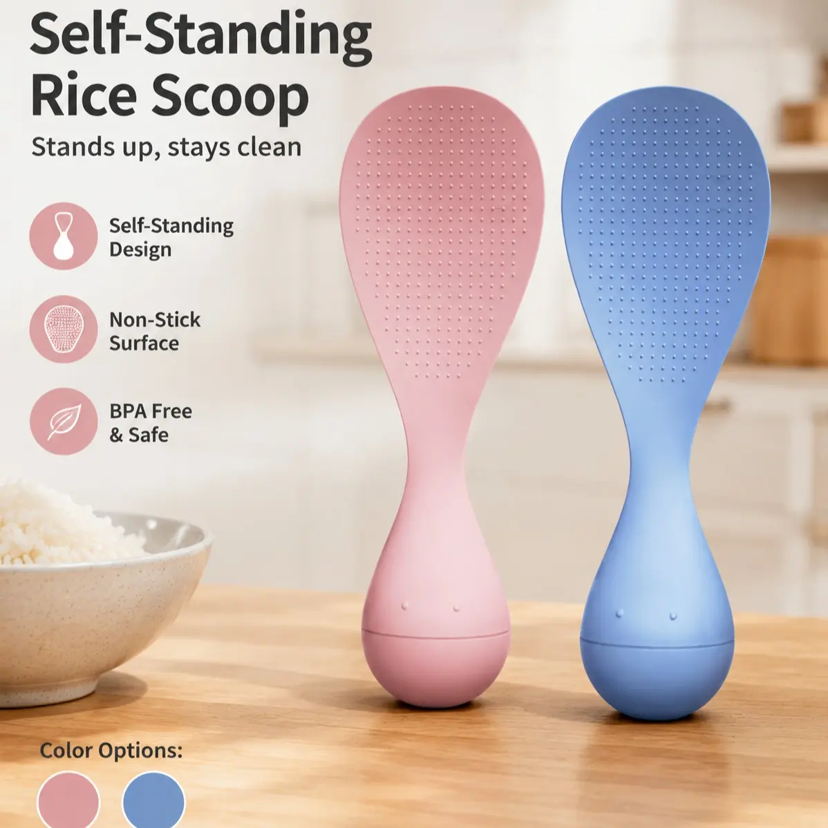 Non-Slip Rice Spoon, New Home-Use Standing Rice Scoop, Kitchen Utensils Easy-To-Clean Serving Spoon, Durable and Practical Design, Silicone Spoon
